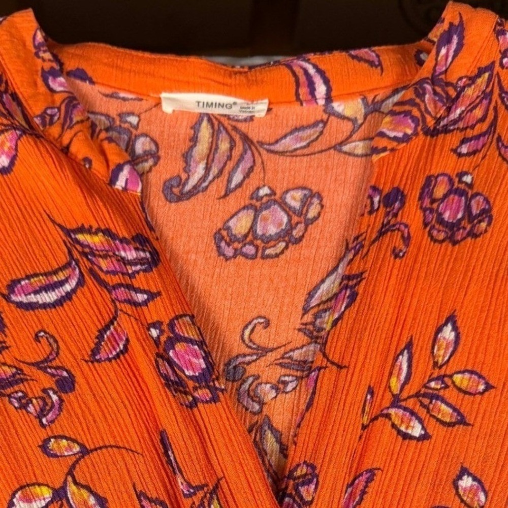 Timing Orange Floral Pleated Plissé Maxi Dress Womens V-Neck Boho Cap Sleeve - Picture 3 of 6